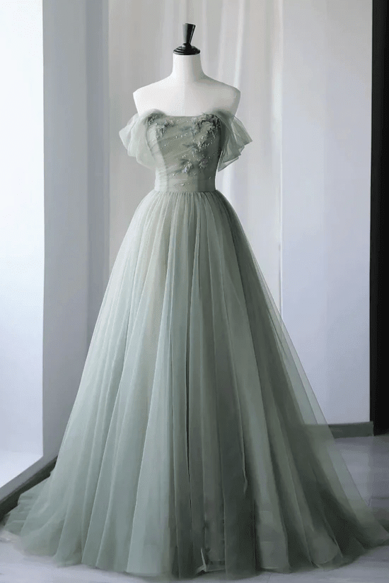 Princess Off the Shoulder Embroidering Tulle Sage Ball Gown - Curvevia