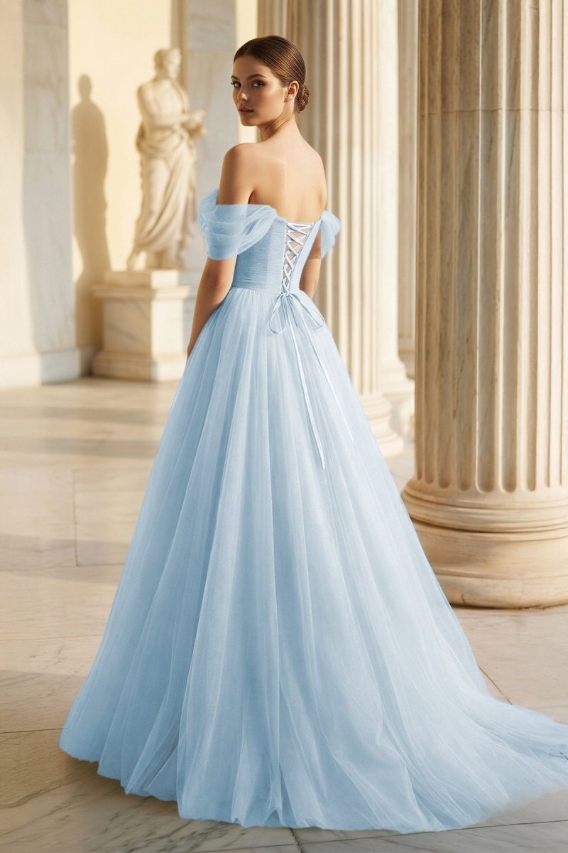 Princess Off the Shoulder Embroidering Tulle Sage Ball Gown - Curvevia