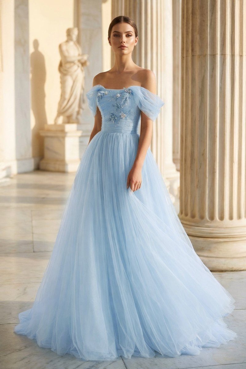 Princess Off the Shoulder Embroidering Tulle Sage Ball Gown - Curvevia