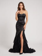 Black Satin Mermaid Sweetheart Back Zip Asymmetrical Dress with Beaded Bodice - Curvevia