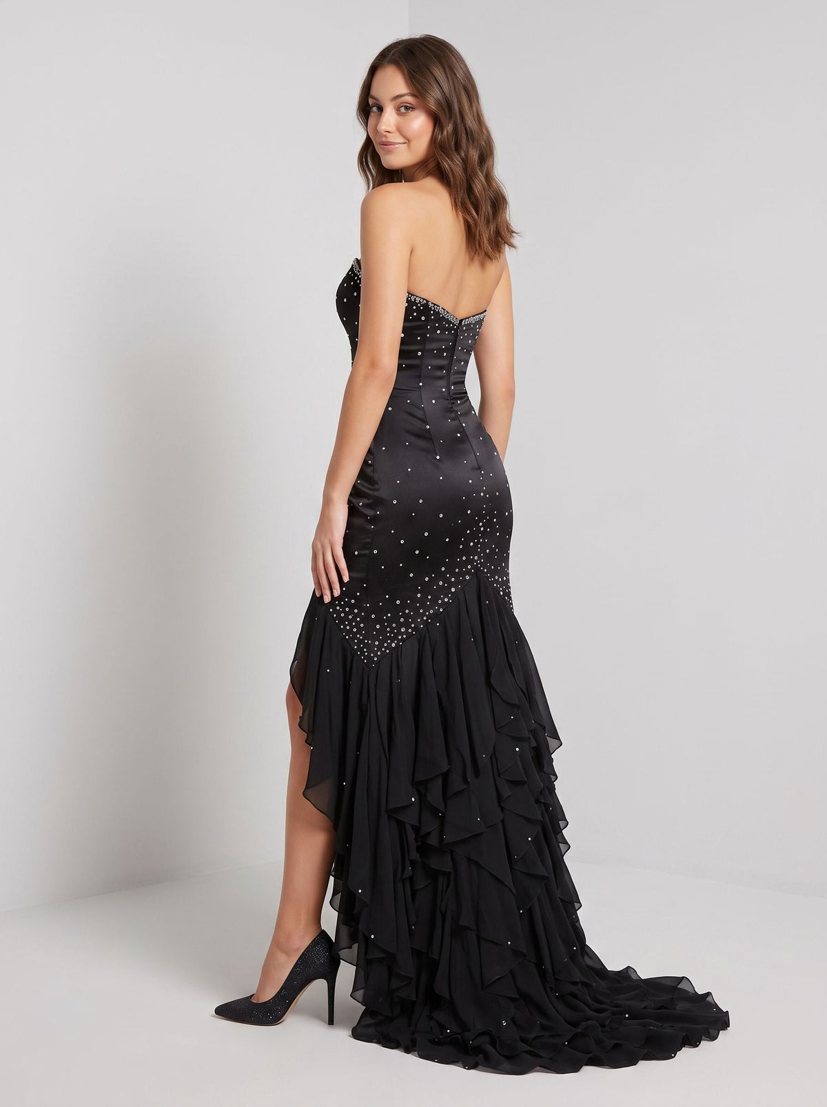 Black Satin Mermaid Sweetheart Back Zip Asymmetrical Dress with Beaded Bodice - Curvevia