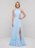 Sky Blue Chiffon A-Line Halter neckline Backless Floor-Length Dress with Tiered Skirt - Curvevia
