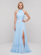 Sky Blue Chiffon A-Line Halter neckline Backless Floor-Length Dress with Tiered Skirt - Curvevia