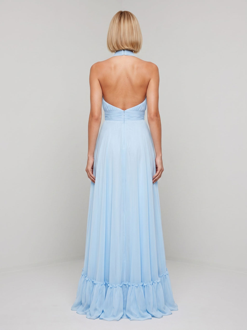 Sky Blue Chiffon A-Line Halter neckline Backless Floor-Length Dress with Tiered Skirt - Curvevia