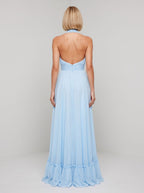 Sky Blue Chiffon A-Line Halter neckline Backless Floor-Length Dress with Tiered Skirt - Curvevia