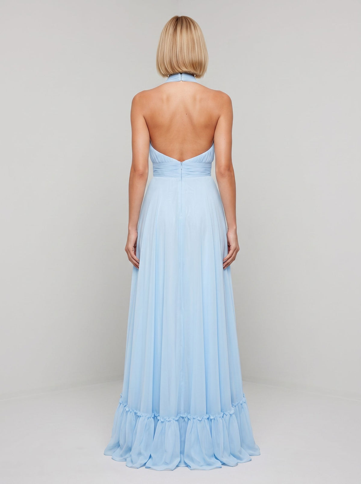 Sky Blue Chiffon A-Line Halter neckline Backless Floor-Length Dress with Tiered Skirt - Curvevia