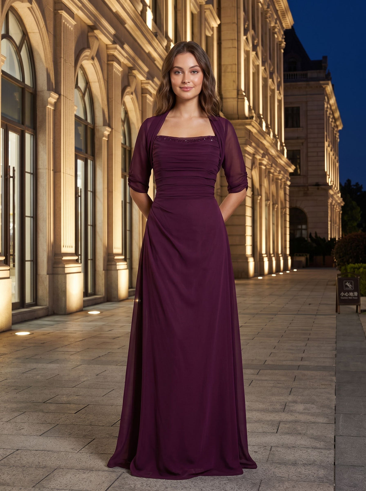 Wine Chiffon A-Line Square Neck Back Zip Floor-Length Dress with Pleated Bodice - Curvevia