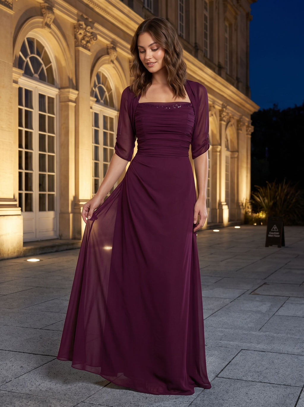 Wine Chiffon A-Line Square Neck Back Zip Floor-Length Dress with Pleated Bodice - Curvevia