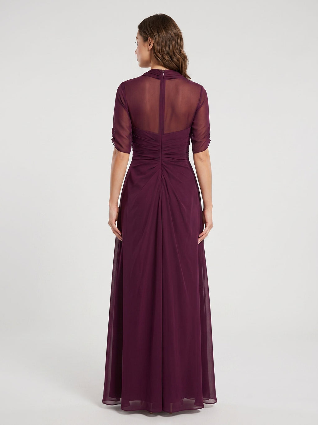 Wine Chiffon A-Line Square Neck Back Zip Floor-Length Dress with Pleated Bodice - Curvevia