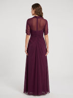 Wine Chiffon A-Line Square Neck Back Zip Floor-Length Dress with Pleated Bodice - Curvevia