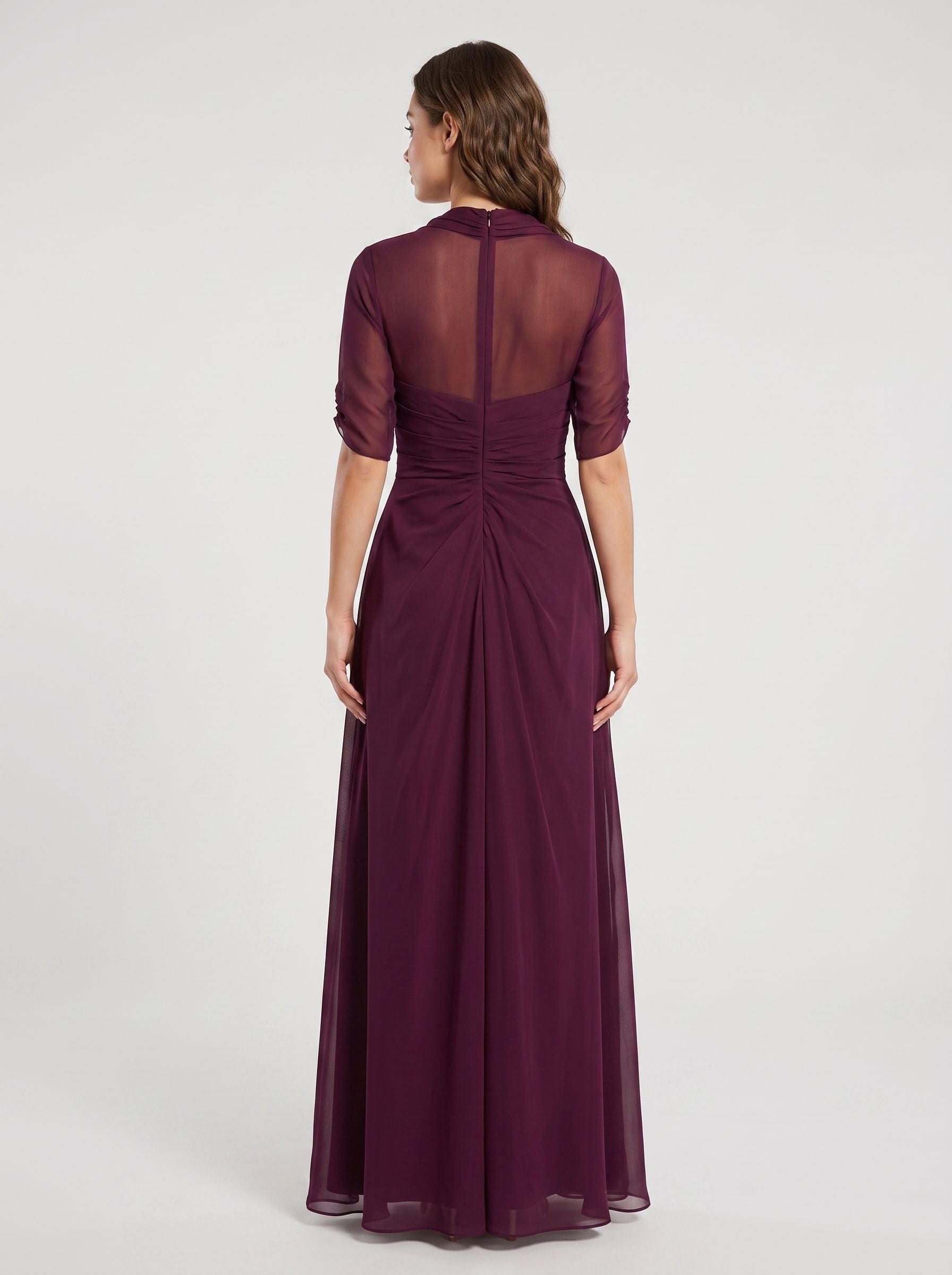 Wine Chiffon A-Line Square Neck Back Zip Floor-Length Dress with Pleated Bodice - Curvevia