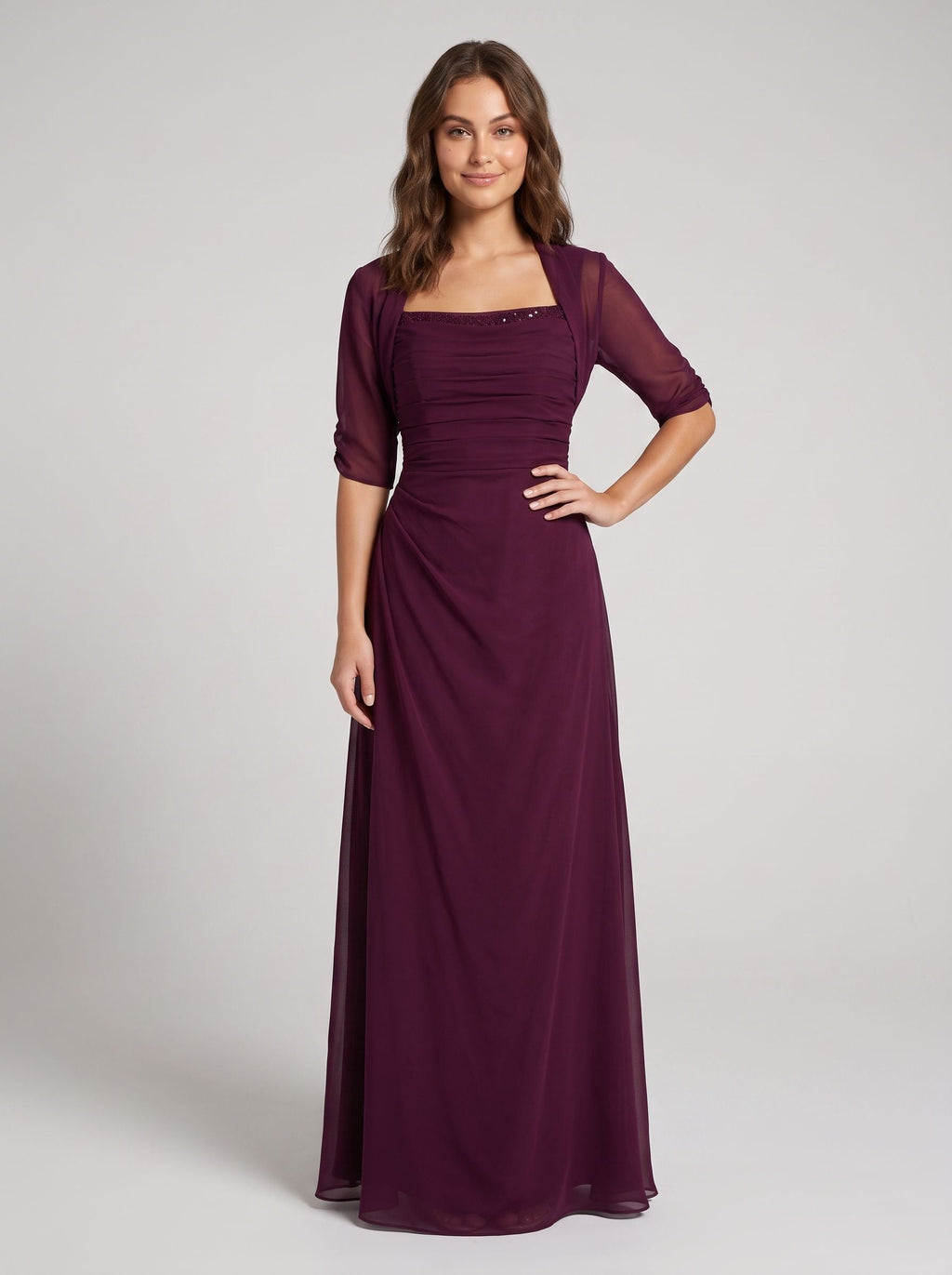 Wine Chiffon A-Line Square Neck Back Zip Floor-Length Dress with Pleated Bodice - Curvevia