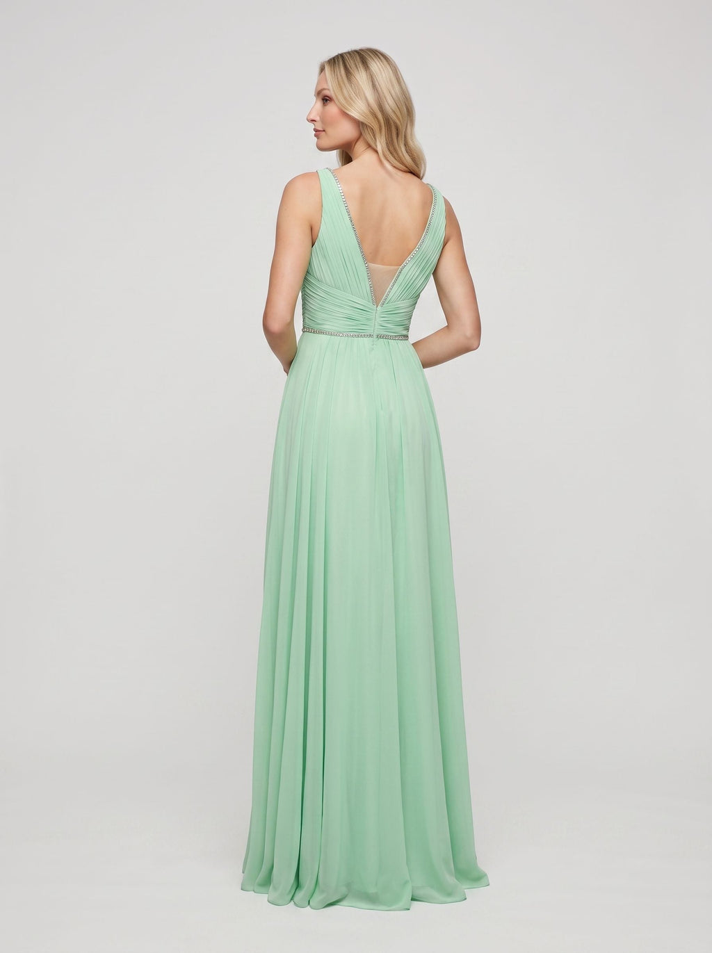 Mint Green Chiffon A-Line V-Neck Back Zip Floor-Length Dress with Crystal Trim and Side Slit - Curvevia