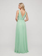 Mint Green Chiffon A-Line V-Neck Back Zip Floor-Length Dress with Crystal Trim and Side Slit - Curvevia