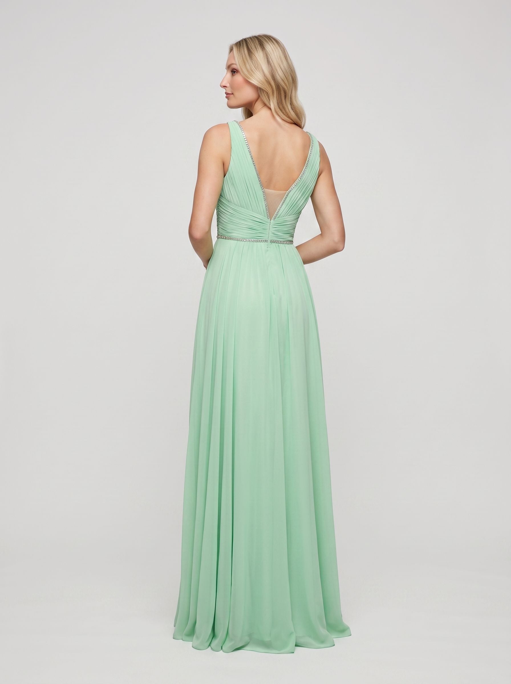 Mint Green Chiffon A-Line V-Neck Back Zip Floor-Length Dress with Crystal Trim and Side Slit - Curvevia