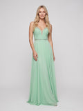 Mint Green Chiffon A-Line V-Neck Back Zip Floor-Length Dress with Crystal Trim and Side Slit - Curvevia