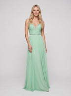 Mint Green Chiffon A-Line V-Neck Back Zip Floor-Length Dress with Crystal Trim and Side Slit - Curvevia