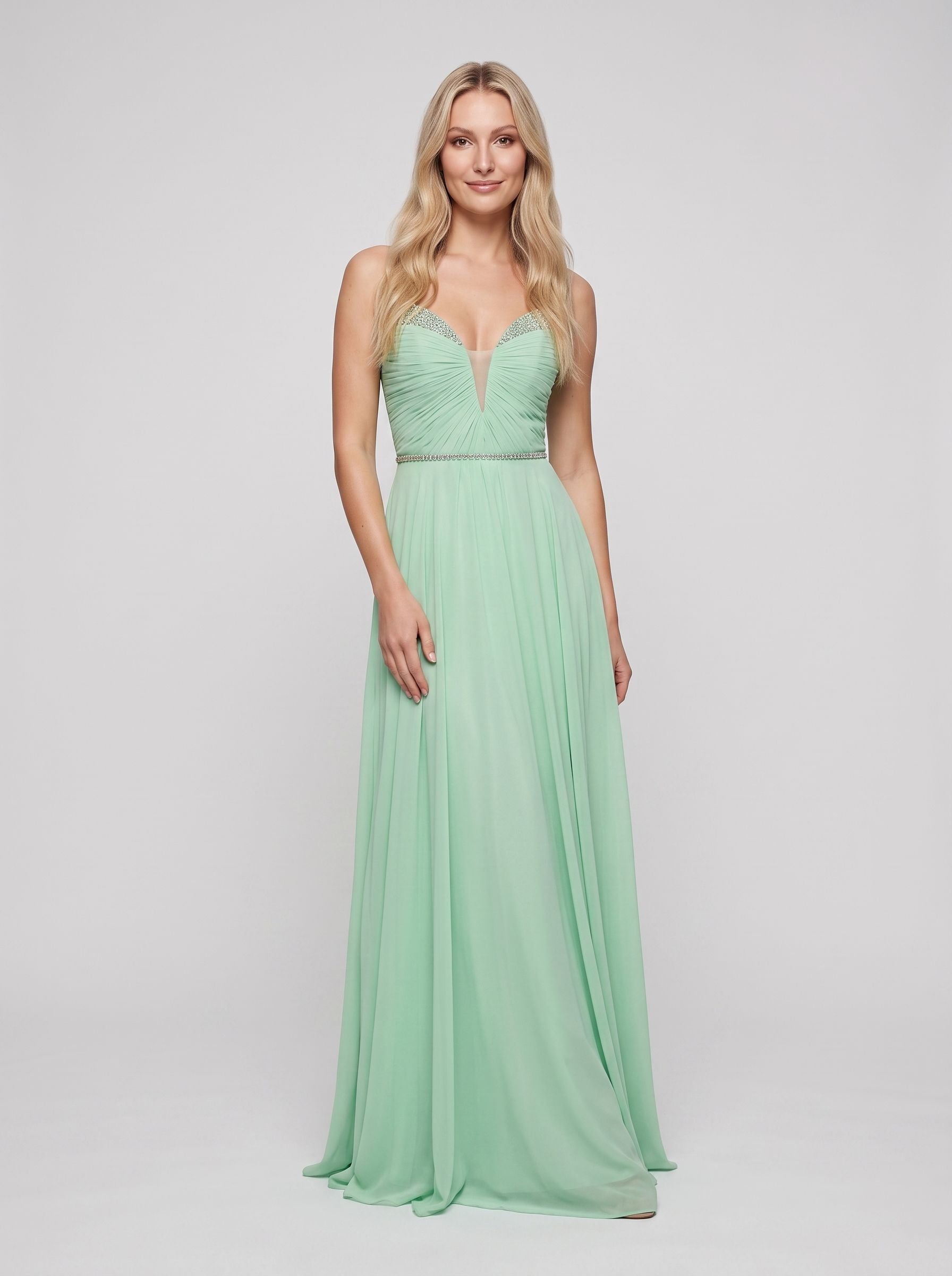 Mint Green Chiffon A-Line V-Neck Back Zip Floor-Length Dress with Crystal Trim and Side Slit - Curvevia