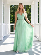 Mint Green Chiffon A-Line V-Neck Back Zip Floor-Length Dress with Crystal Trim and Side Slit - Curvevia