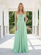 Mint Green Chiffon A-Line V-Neck Back Zip Floor-Length Dress with Crystal Trim and Side Slit - Curvevia