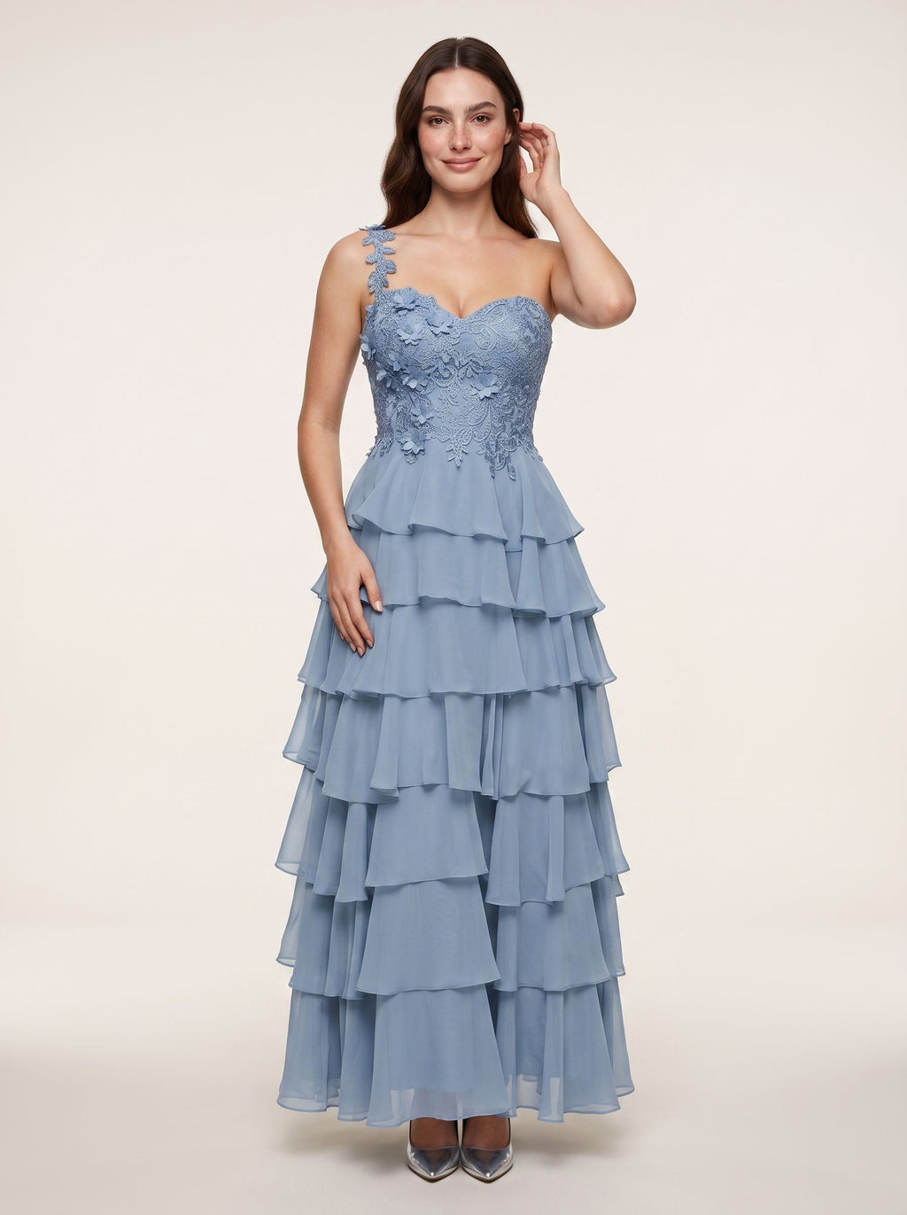 Dusty Blue Chiffon A-Line Sweetheart Back Zip Floor-Length Dress with Pleated Bodice - Curvevia