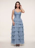 Dusty Blue Chiffon A-Line Sweetheart Back Zip Floor-Length Dress with Pleated Bodice - Curvevia