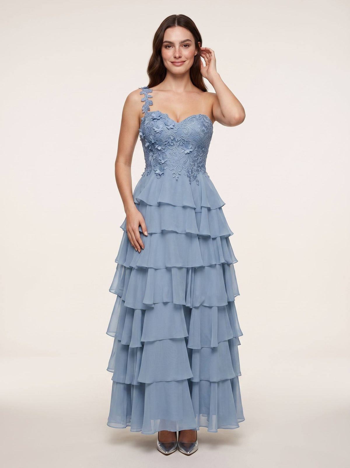 Dusty Blue Chiffon A-Line Sweetheart Back Zip Floor-Length Dress with Pleated Bodice - Curvevia