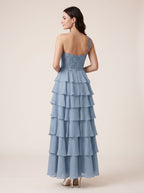 Dusty Blue Chiffon A-Line Sweetheart Back Zip Floor-Length Dress with Pleated Bodice - Curvevia
