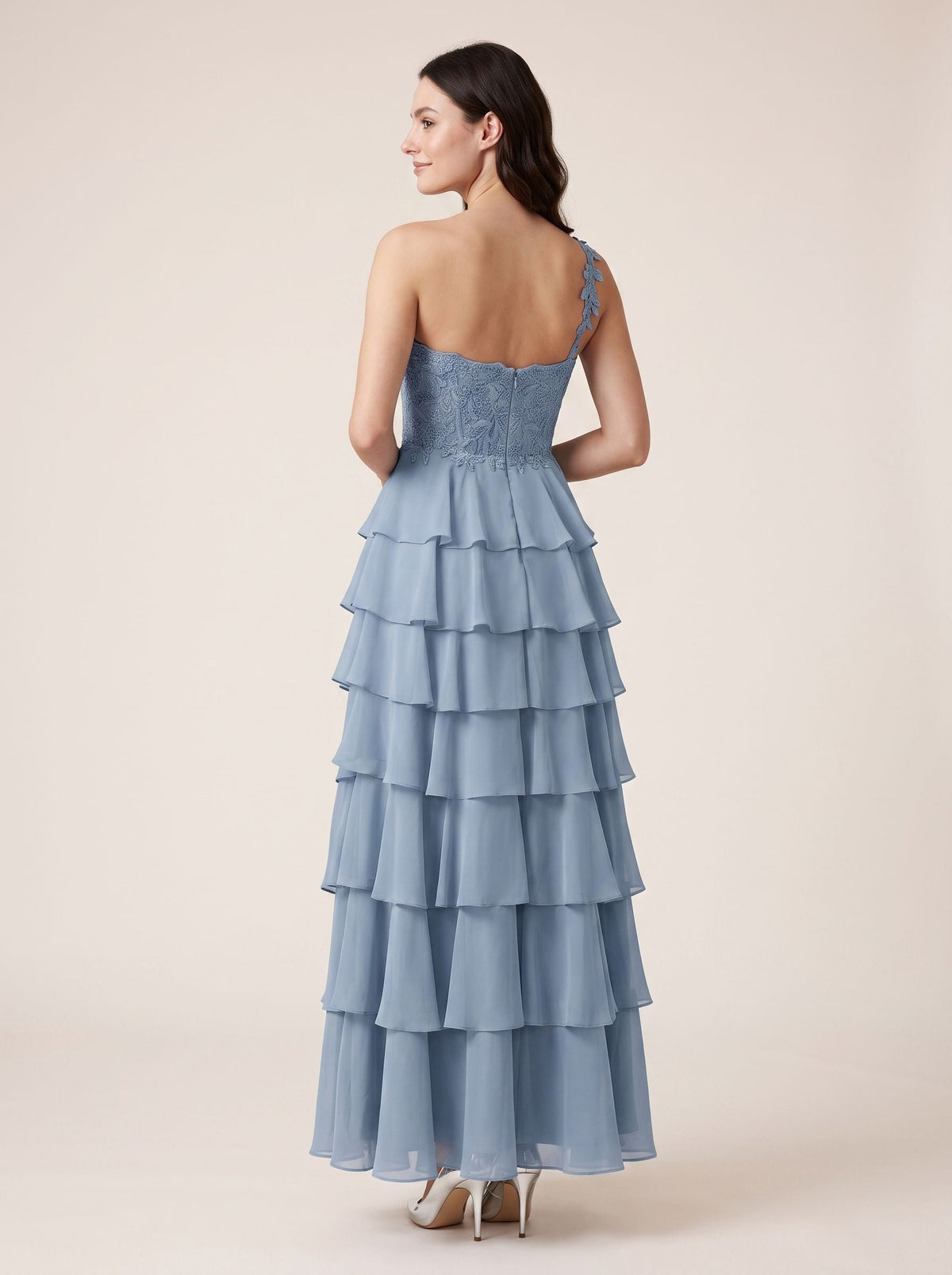 Dusty Blue Chiffon A-Line Sweetheart Back Zip Floor-Length Dress with Pleated Bodice - Curvevia