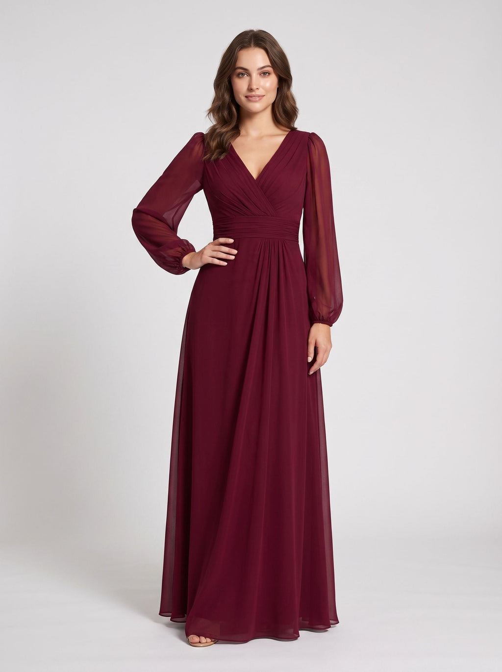 Burgundy Chiffon A-Line V-Neck Back Zip Floor-Length Dress with Sheer Long Sleeves - Curvevia