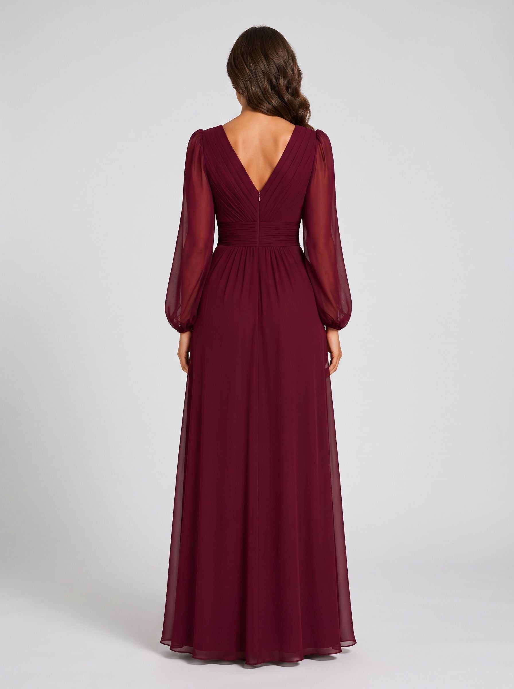 Burgundy Chiffon A-Line V-Neck Back Zip Floor-Length Dress with Sheer Long Sleeves - Curvevia