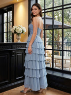 Dusty Blue Chiffon A-Line Sweetheart Back Zip Floor-Length Dress with Pleated Bodice - Curvevia
