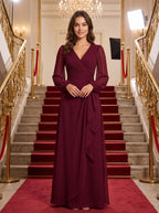Burgundy Chiffon A-Line V-Neck Back Zip Floor-Length Dress with Sheer Long Sleeves - Curvevia