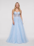 Sky Blue Glitter Tulle & Lace A-Line V-Neck Corset Back Floor-Length Dress - Curvevia