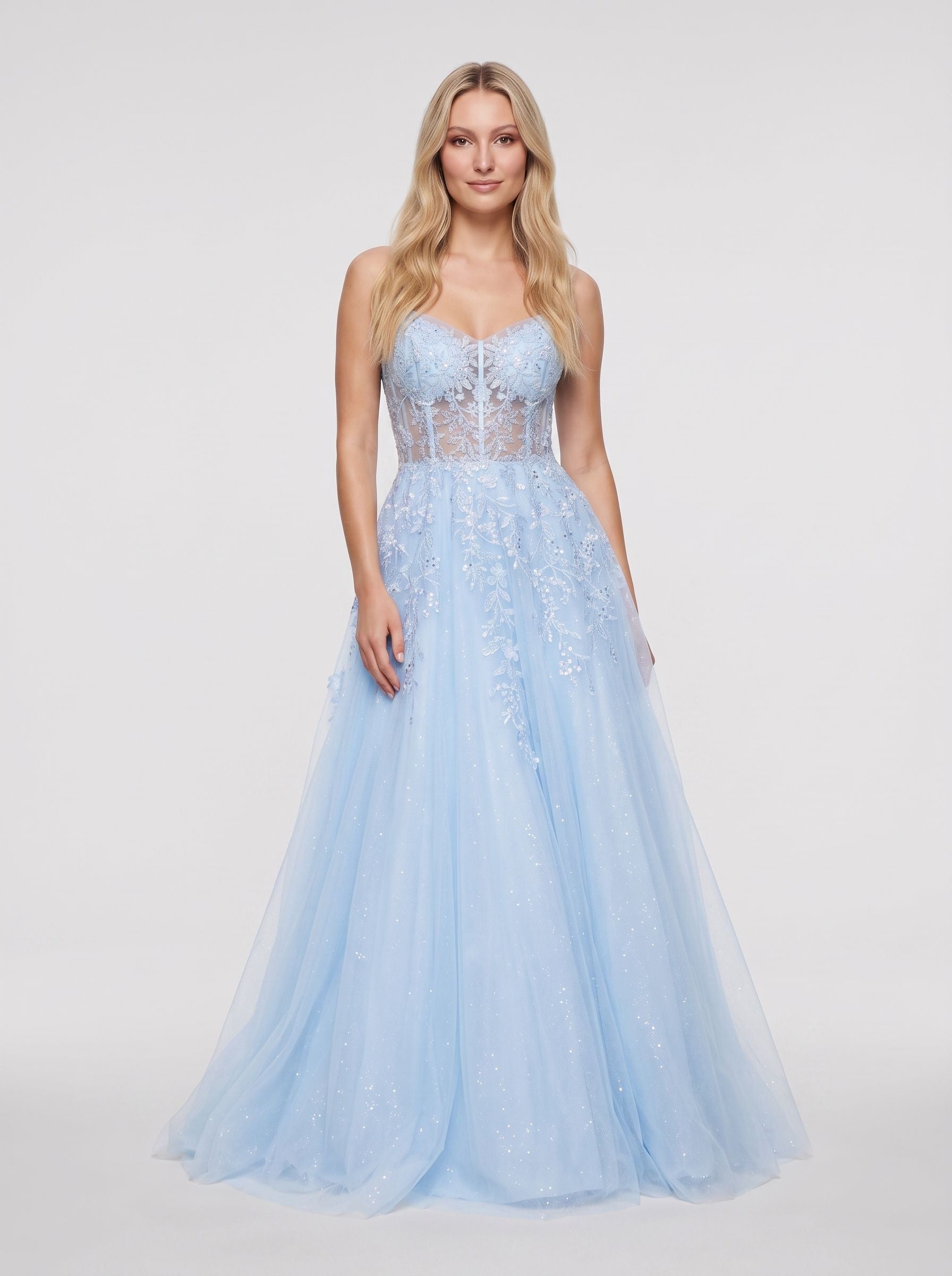 Sky Blue Glitter Tulle & Lace A-Line V-Neck Corset Back Floor-Length Dress - Curvevia