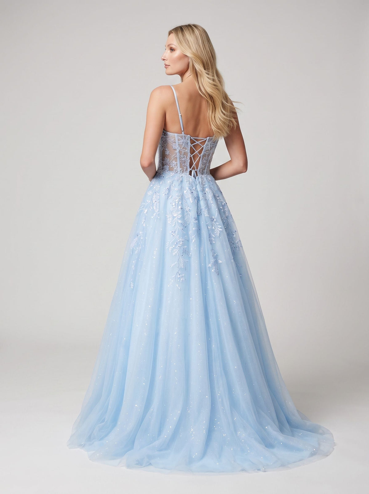 Sky Blue Glitter Tulle & Lace A-Line V-Neck Corset Back Floor-Length Dress - Curvevia