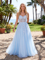 Sky Blue Glitter Tulle & Lace A-Line V-Neck Corset Back Floor-Length Dress - Curvevia