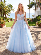 Sky Blue Glitter Tulle & Lace A-Line V-Neck Corset Back Floor-Length Dress - Curvevia