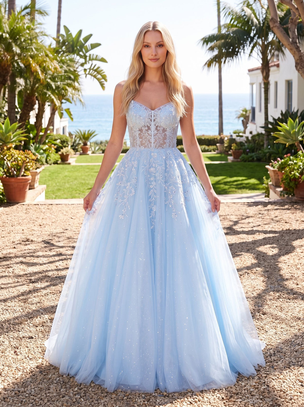 Sky Blue Glitter Tulle & Lace A-Line V-Neck Corset Back Floor-Length Dress - Curvevia