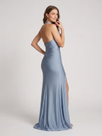 Dusty Blue Stretch Knit column Halter neckline Floor-Length Dress with Side Slit - Curvevia