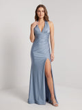 Dusty Blue Stretch Knit column Halter neckline Floor-Length Dress with Side Slit - Curvevia