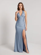 Dusty Blue Stretch Knit column Halter neckline Floor-Length Dress with Side Slit - Curvevia