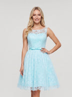 Sky Blue Lace A-Line Scoop Neck Lace-up Knee-Length Dress with Pleated Bodice & Satin Sash - Curvevia