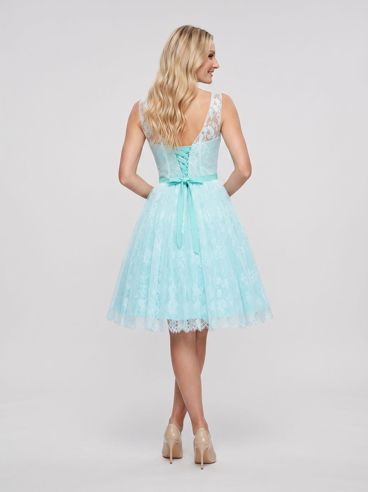 Sky Blue Lace A-Line Scoop Neck Lace-up Knee-Length Dress with Pleated Bodice & Satin Sash - Curvevia
