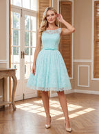 Sky Blue Lace A-Line Scoop Neck Lace-up Knee-Length Dress with Pleated Bodice & Satin Sash - Curvevia