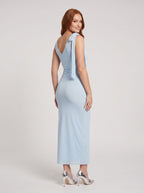 Sky Blue Mesh Sheath V-Neck Side Zip Floor-Length Dress with Tie-Shoulder Strap - Curvevia