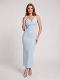 Sky Blue Mesh Sheath V-Neck Side Zip Floor-Length Dress with Tie-Shoulder Strap - Curvevia