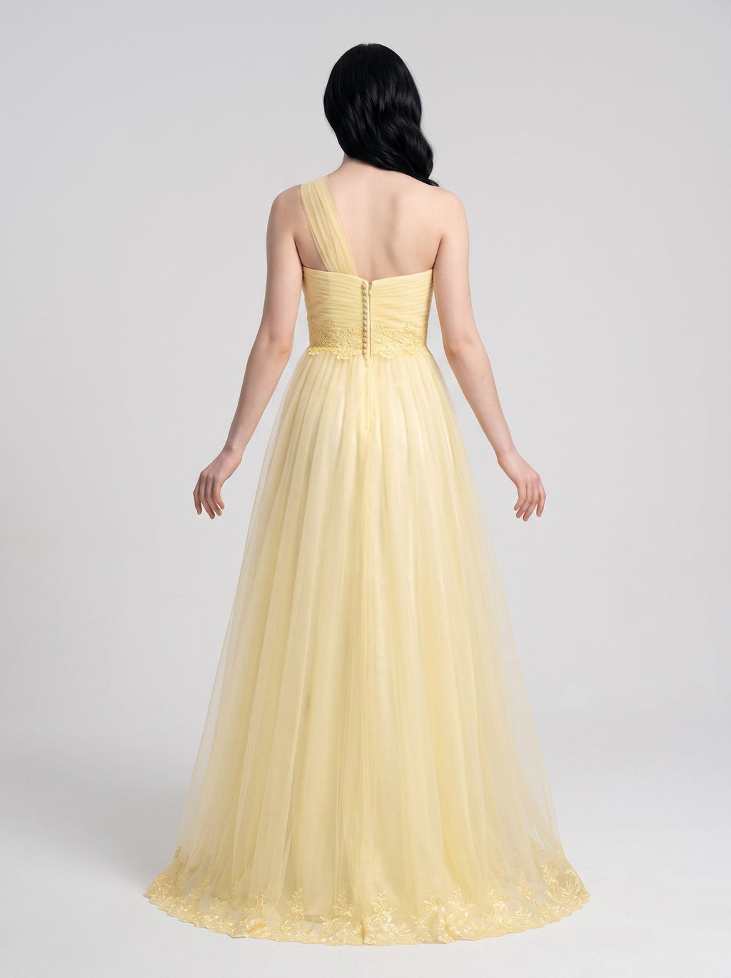 Daffodil Tulle A-Line One Shoulder Back Zip Floor-Length Dress with Lace Appliques - Curvevia