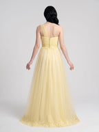 Daffodil Tulle A-Line One Shoulder Back Zip Floor-Length Dress with Lace Appliques - Curvevia