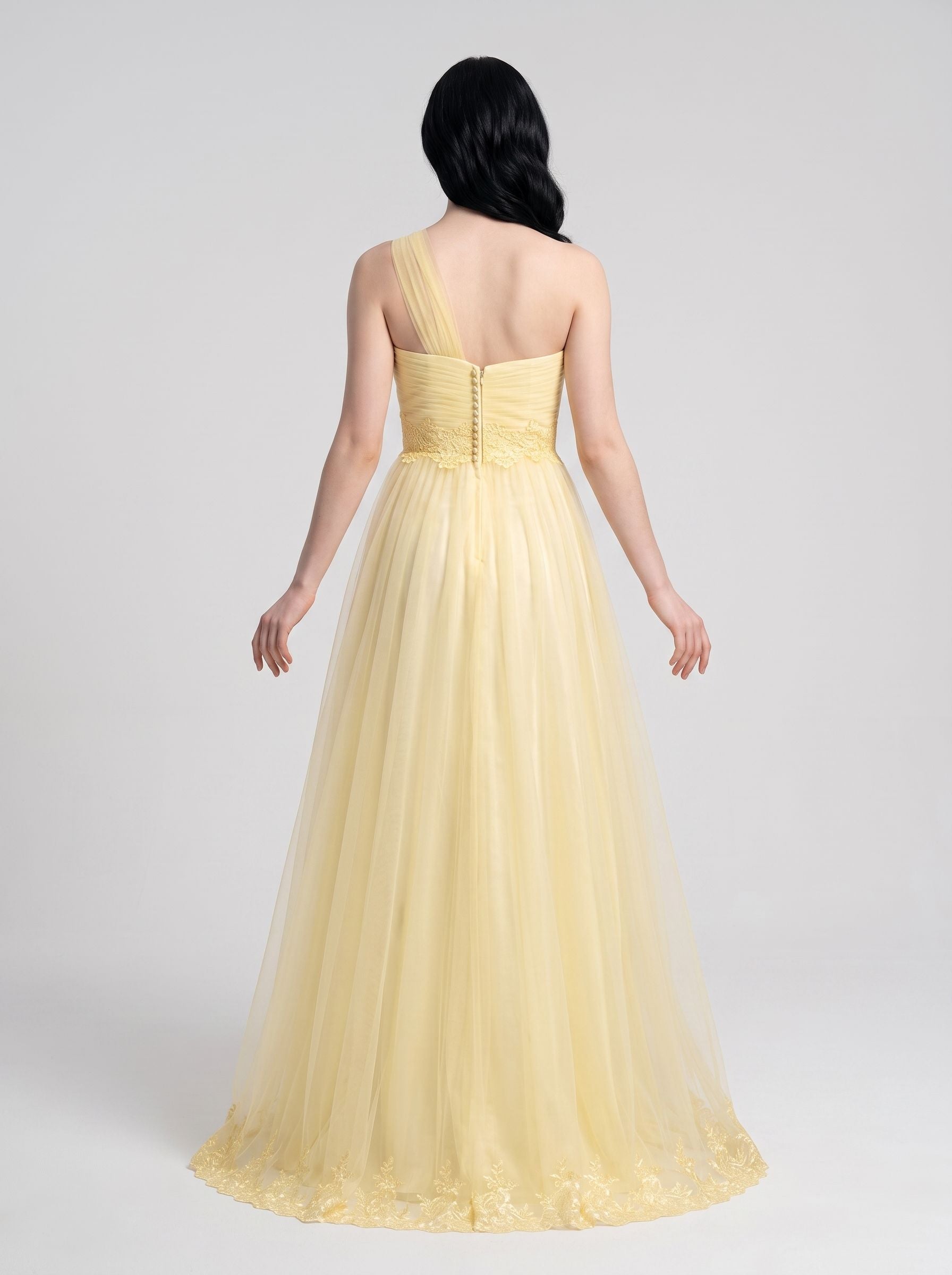 Daffodil Tulle A-Line One Shoulder Back Zip Floor-Length Dress with Lace Appliques - Curvevia